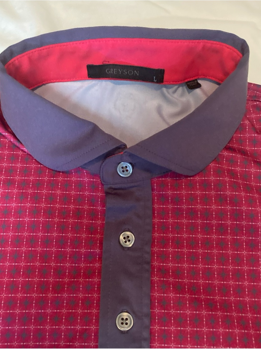 Greyson Men’s Red Checked Polo with Purple Placket and Collar